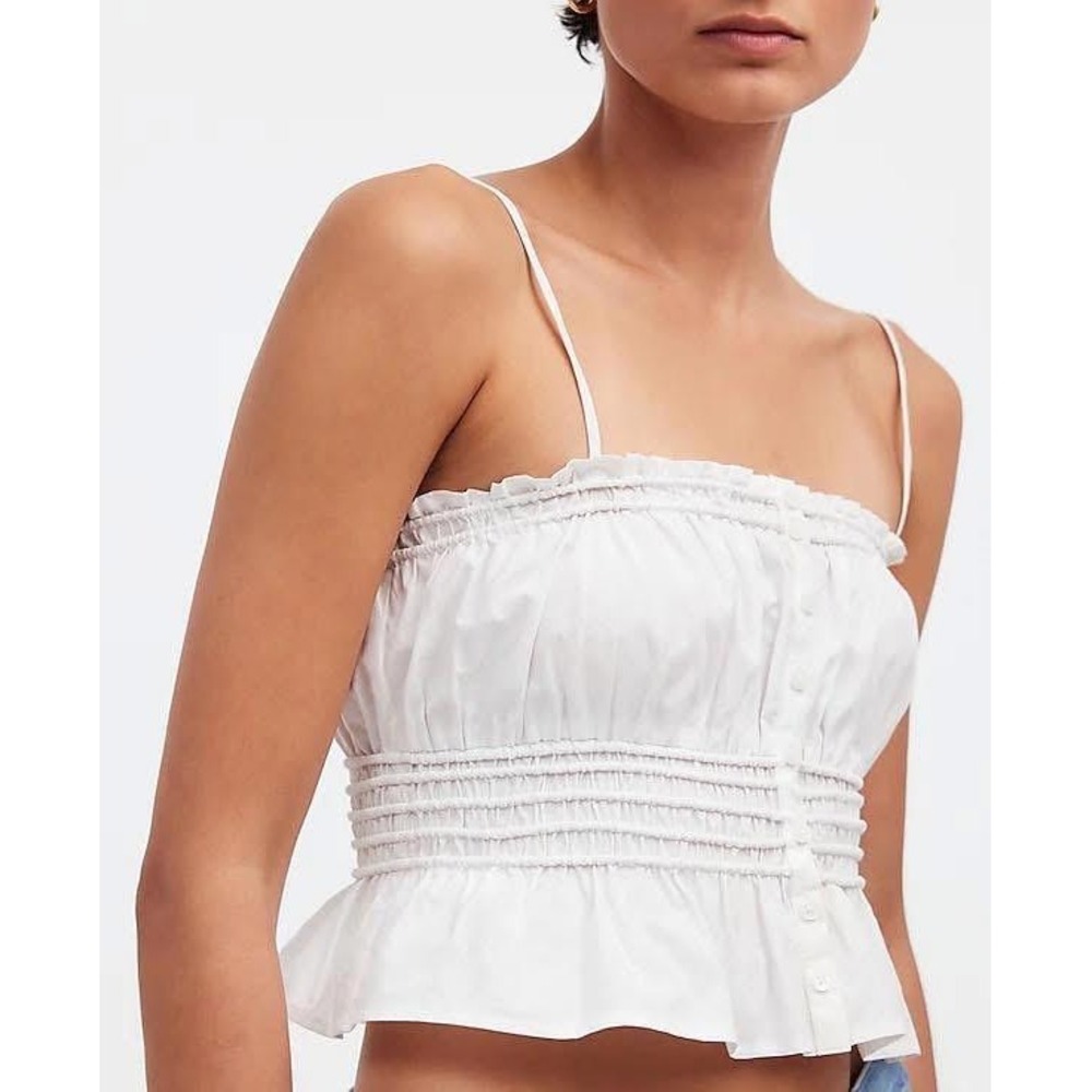 Madewell Smocked Button Front Poplin Crop Top Eyelet White Large